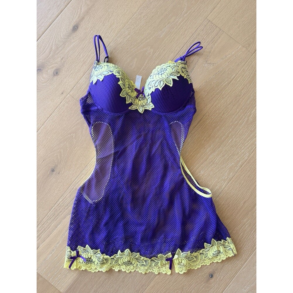 “Just Sexy Lingerie”  Purple & Yellow Fishnet Lace Babydoll Dancer Outfit Large